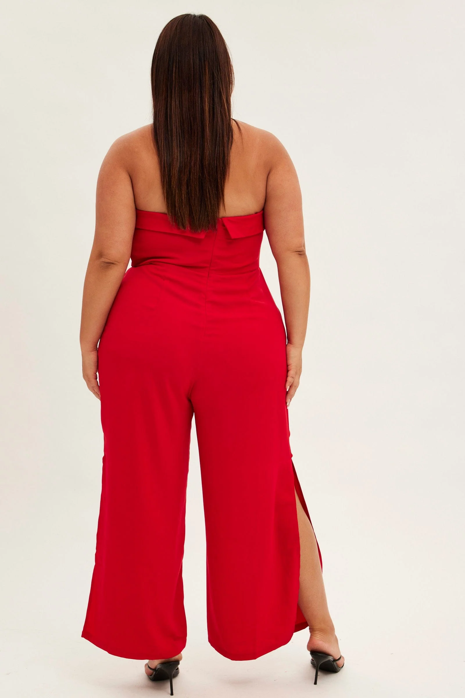 Red Strapless Jumpsuit Detachable Straps Split Leg - Image 5