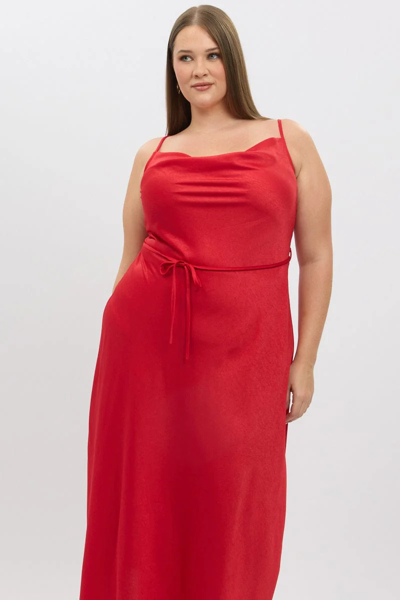 Red Strappy Cowl Neck Satin Bias Slip Dress - Image 3