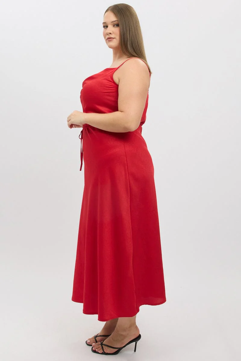 Red Strappy Cowl Neck Satin Bias Slip Dress - Image 4
