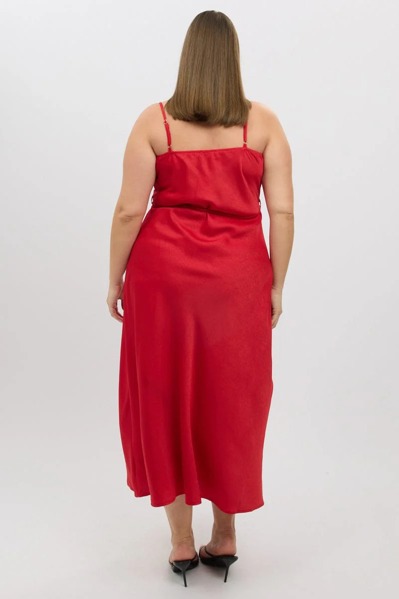 Red Strappy Cowl Neck Satin Bias Slip Dress - Image 5
