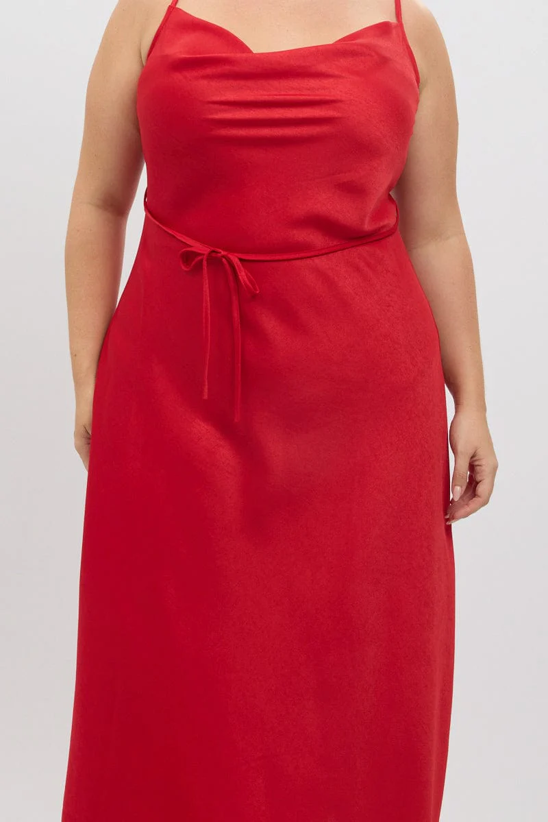 Red Strappy Cowl Neck Satin Bias Slip Dress - Image 6