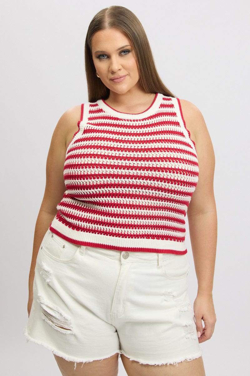 Red Stripe Crochet Knit Vest Sleeveless