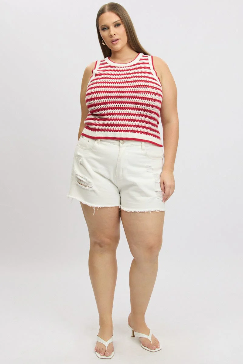 Red Stripe Crochet Knit Vest Sleeveless - Image 2