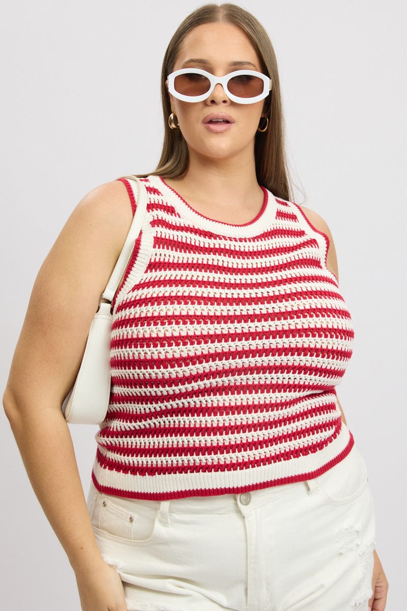 Red Stripe Crochet Knit Vest Sleeveless - Image 3