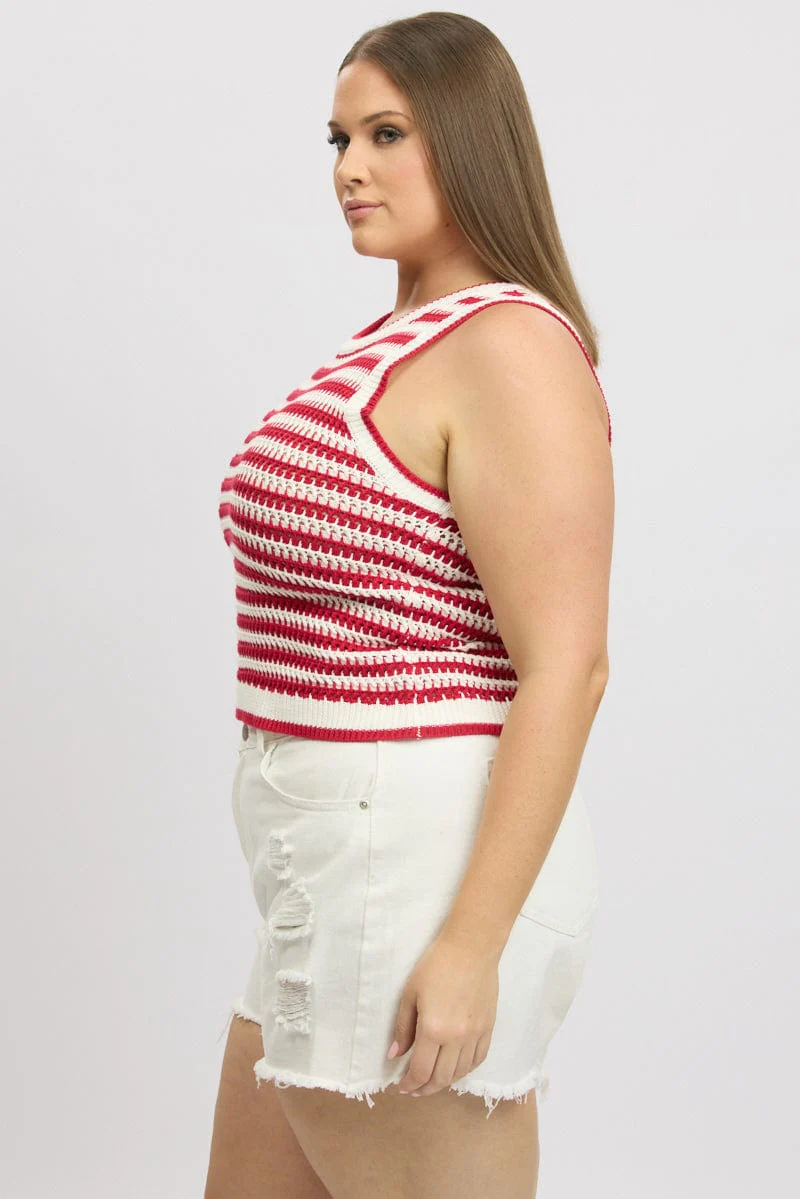 Red Stripe Crochet Knit Vest Sleeveless - Image 4