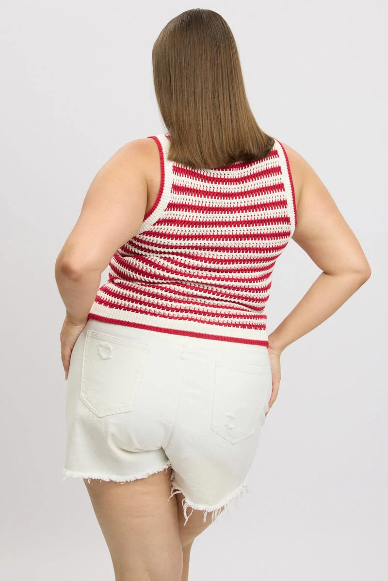 Red Stripe Crochet Knit Vest Sleeveless - Image 5