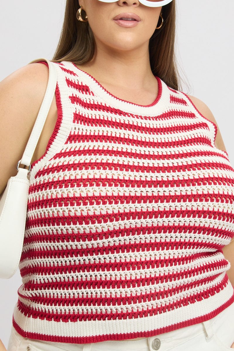 Red Stripe Crochet Knit Vest Sleeveless - Image 6
