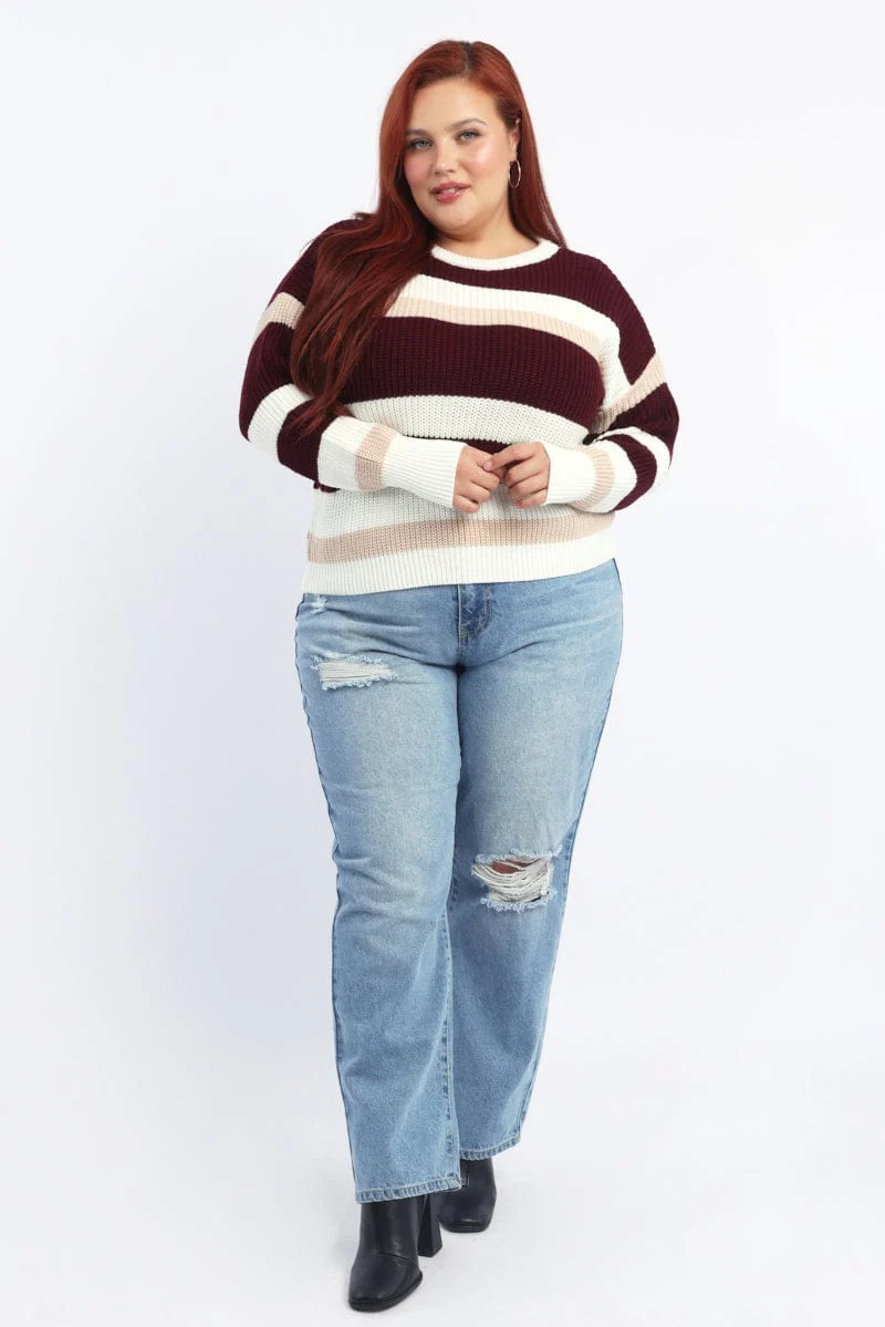 Red Stripe Knit Jumper Long Sleeve Round Neck - Image 2