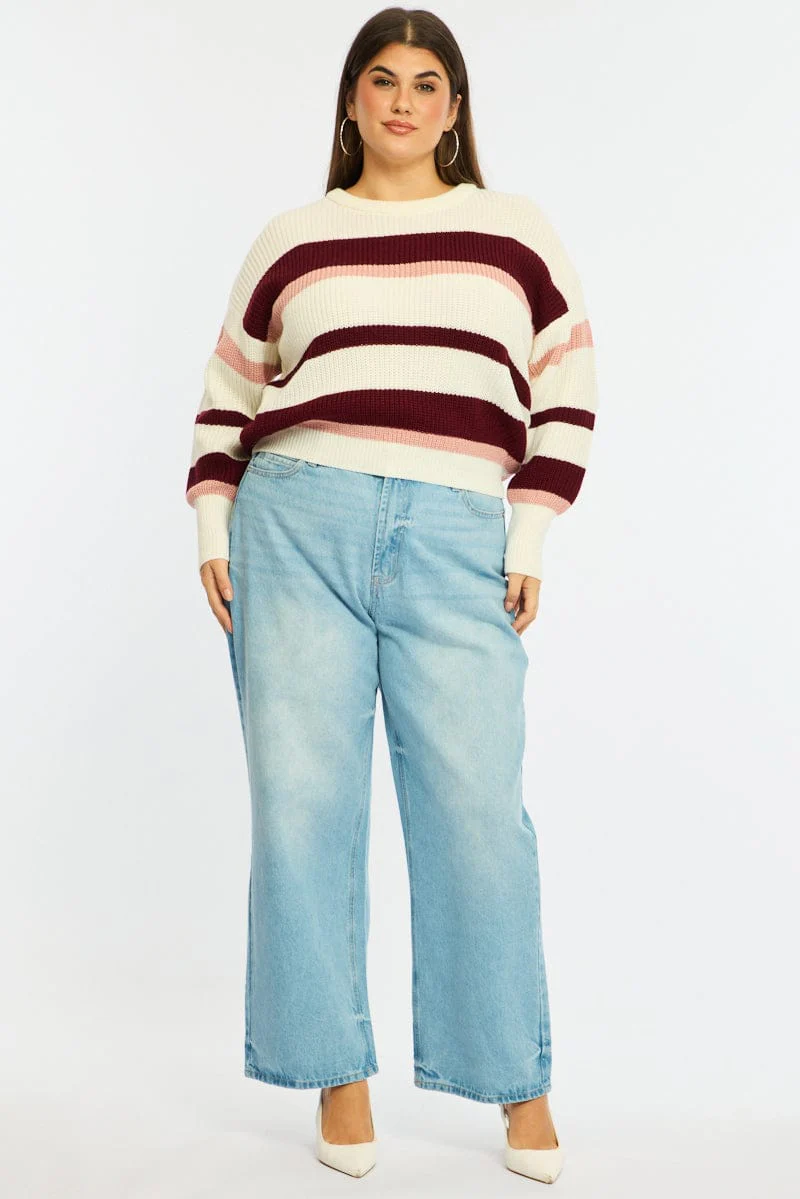 Red Stripe Knit Top Long Sleeve Color Block - Image 3