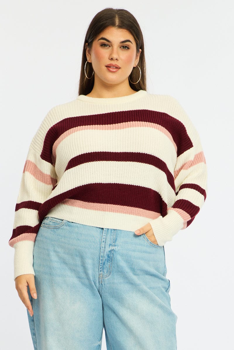 Red Stripe Knit Top Long Sleeve Color Block - Image 4