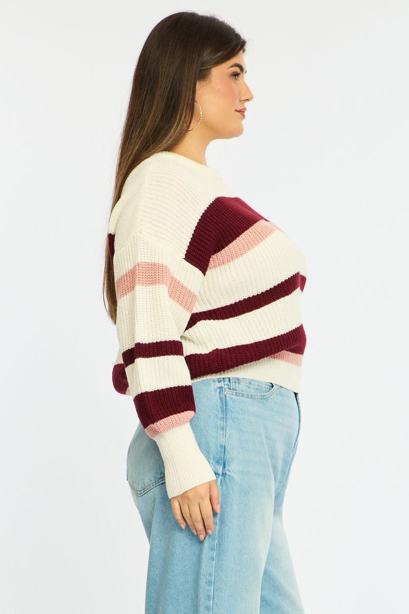 Red Stripe Knit Top Long Sleeve Color Block - Image 5