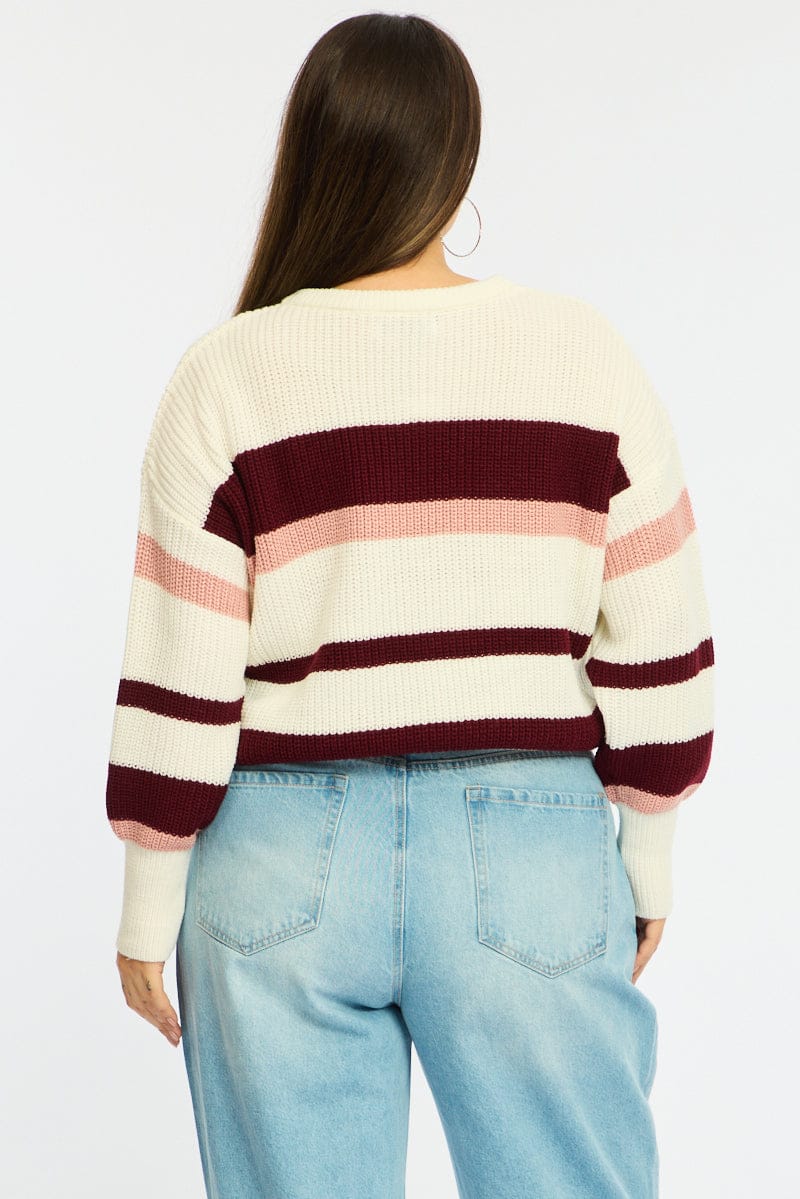 Red Stripe Knit Top Long Sleeve Color Block - Image 6
