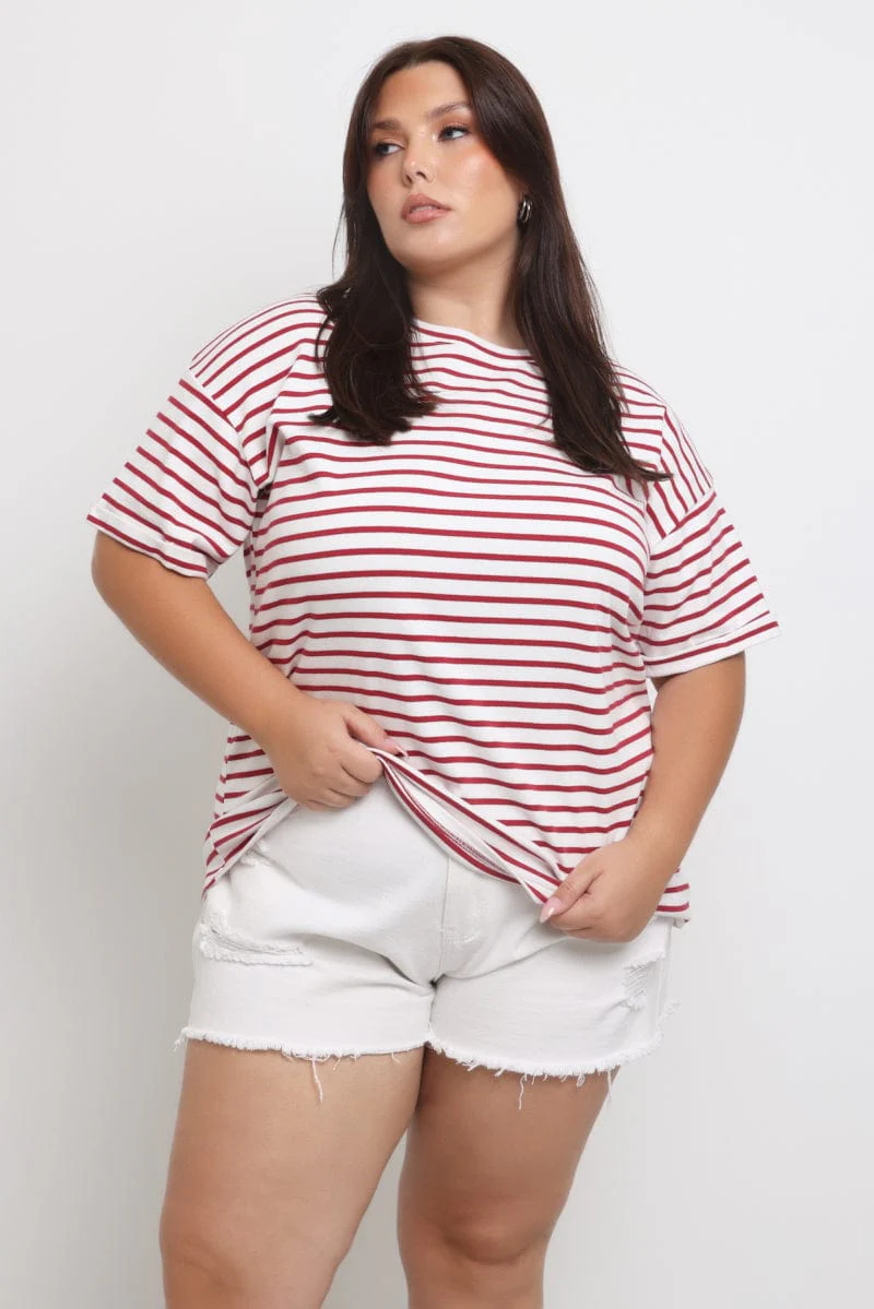 Red Stripe Oversized T shirt Short Sleeve Crew Neck