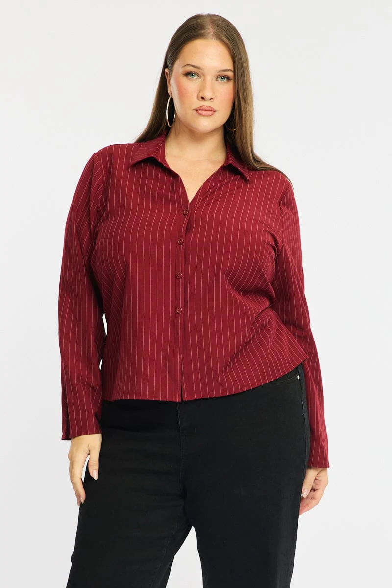 Red Stripe Shirt Long Sleeves Collared Button Up Pinstripe