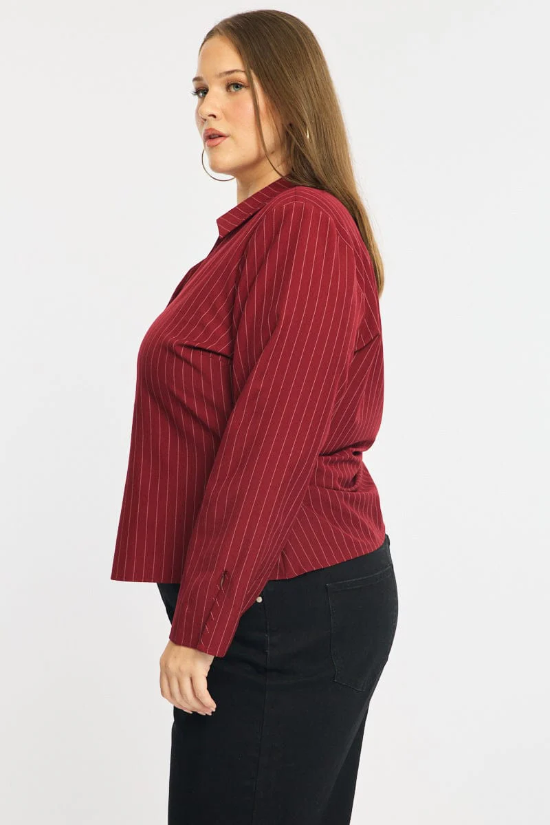 Red Stripe Shirt Long Sleeves Collared Button Up Pinstripe - Image 4