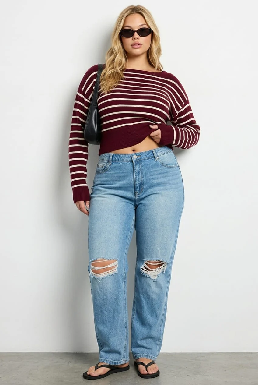 Red Stripe Stripe Knit Top Off Shoulder Long Sleeve