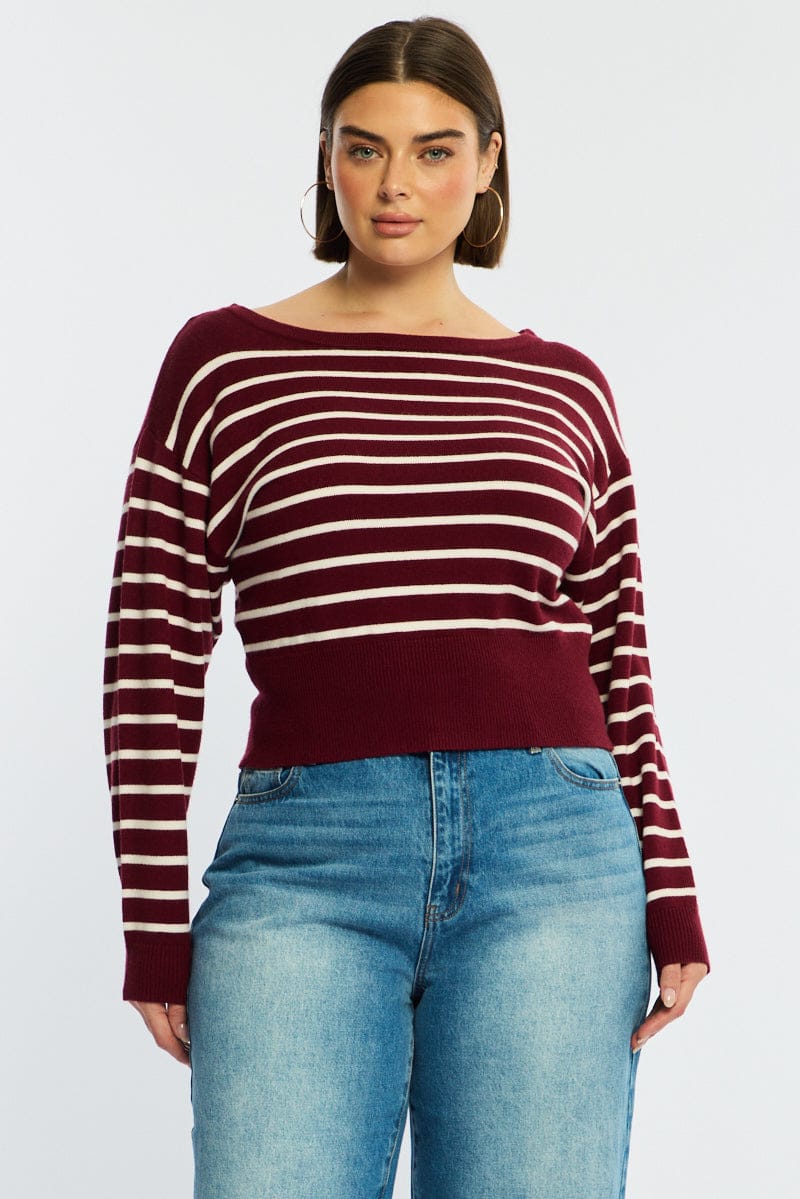 Red Stripe Stripe Knit Top Off Shoulder Long Sleeve - Image 2