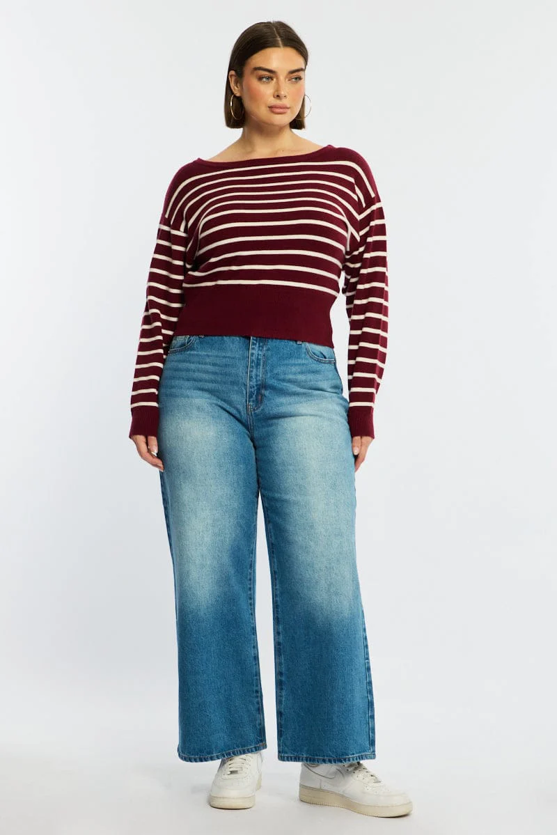 Red Stripe Stripe Knit Top Off Shoulder Long Sleeve - Image 3