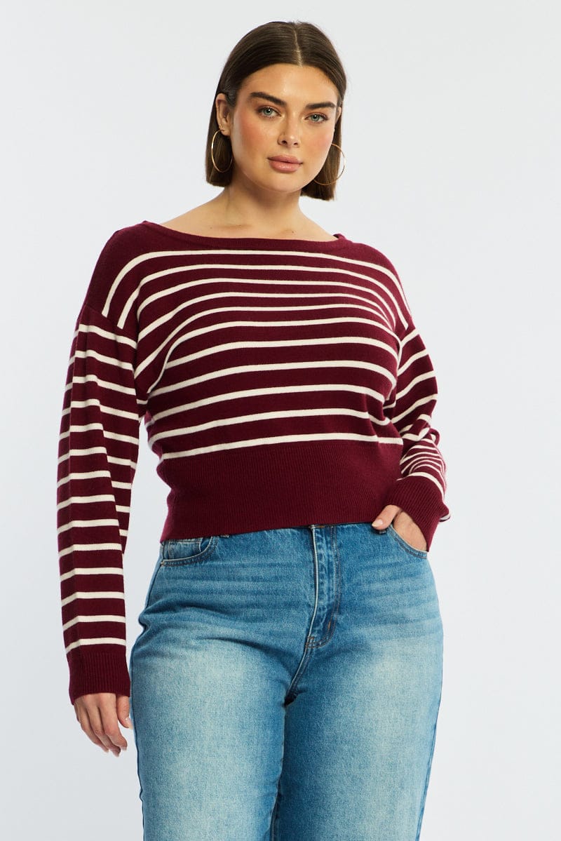 Red Stripe Stripe Knit Top Off Shoulder Long Sleeve - Image 4