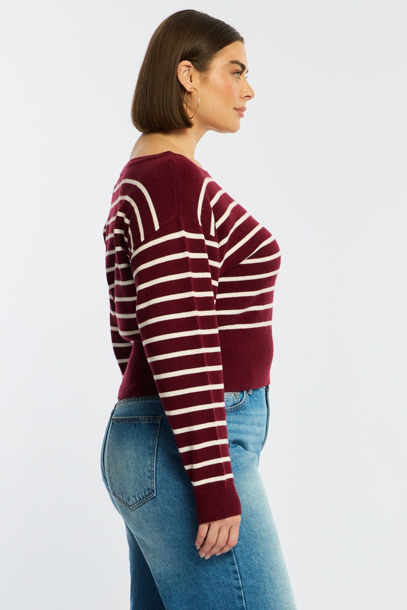 Red Stripe Stripe Knit Top Off Shoulder Long Sleeve - Image 5