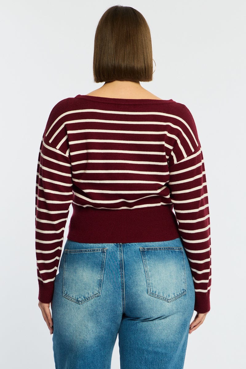 Red Stripe Stripe Knit Top Off Shoulder Long Sleeve - Image 6