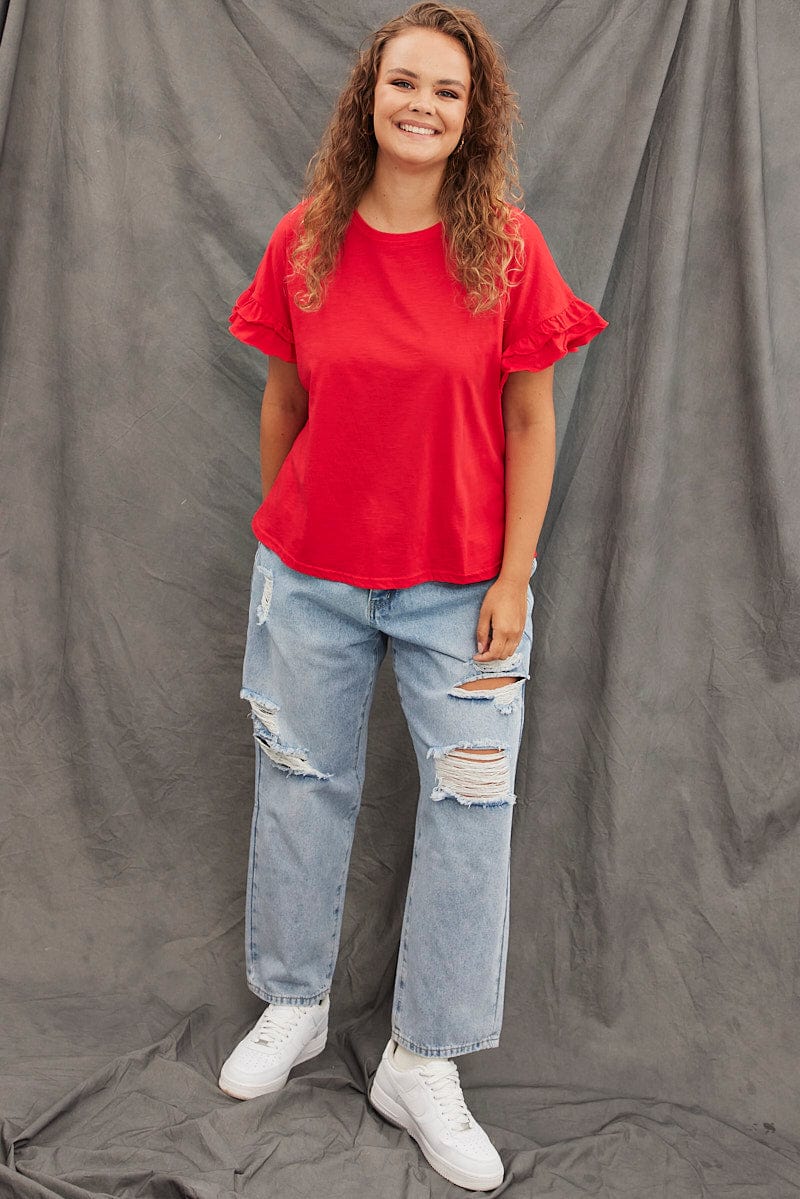 Red T-shirt Ruffle Sleeve Crew Neck - Image 2