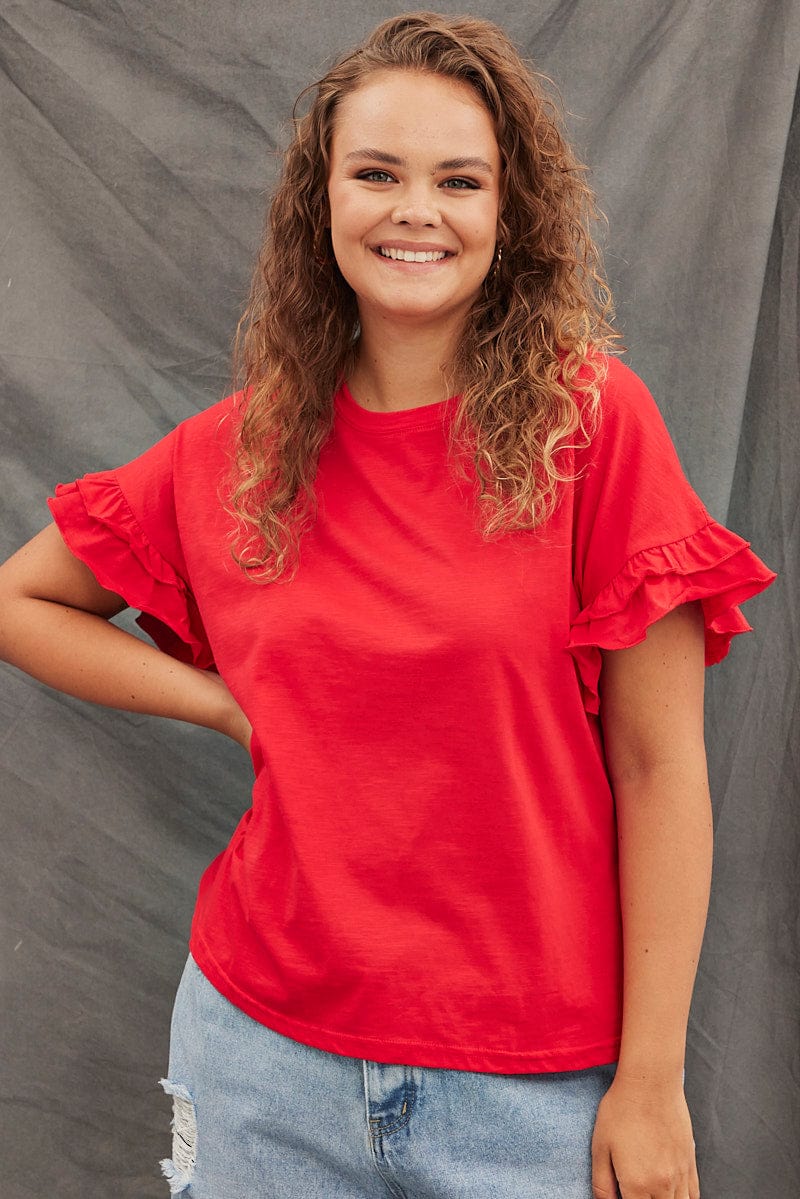 Red T-shirt Ruffle Sleeve Crew Neck - Image 3