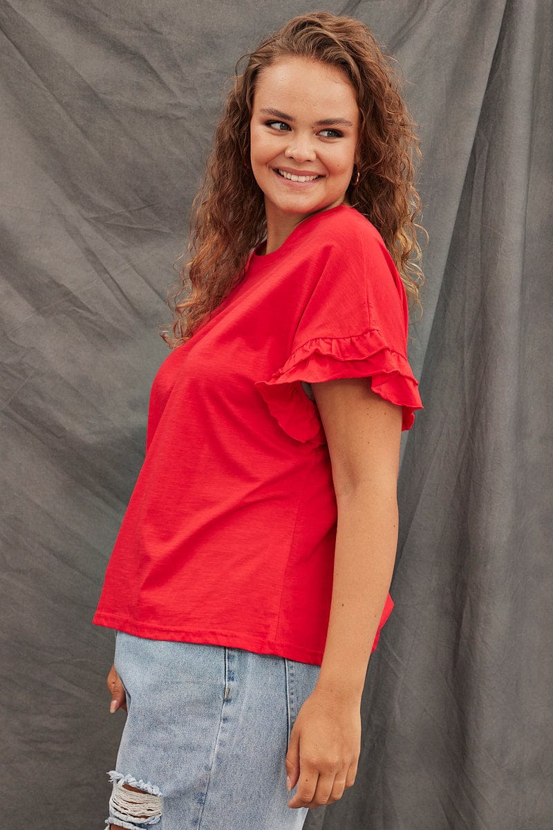 Red T-shirt Ruffle Sleeve Crew Neck - Image 4