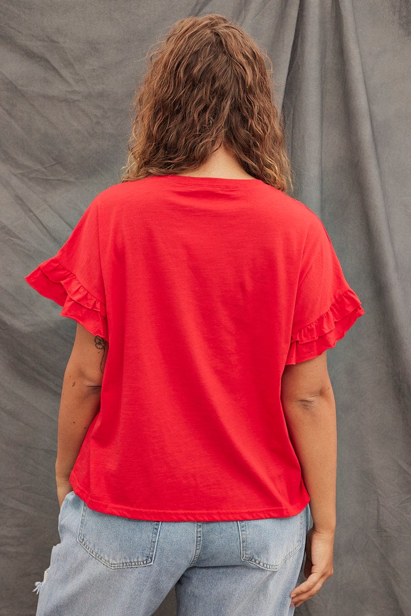 Red T-shirt Ruffle Sleeve Crew Neck - Image 5