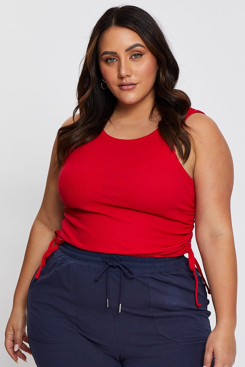 Red Tank Top Round Neck Sleeveless Jersey Drawstring - Image 2