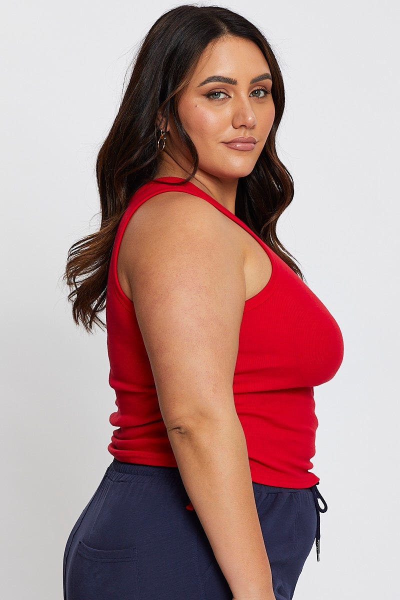 Red Tank Top Round Neck Sleeveless Jersey Drawstring - Image 3