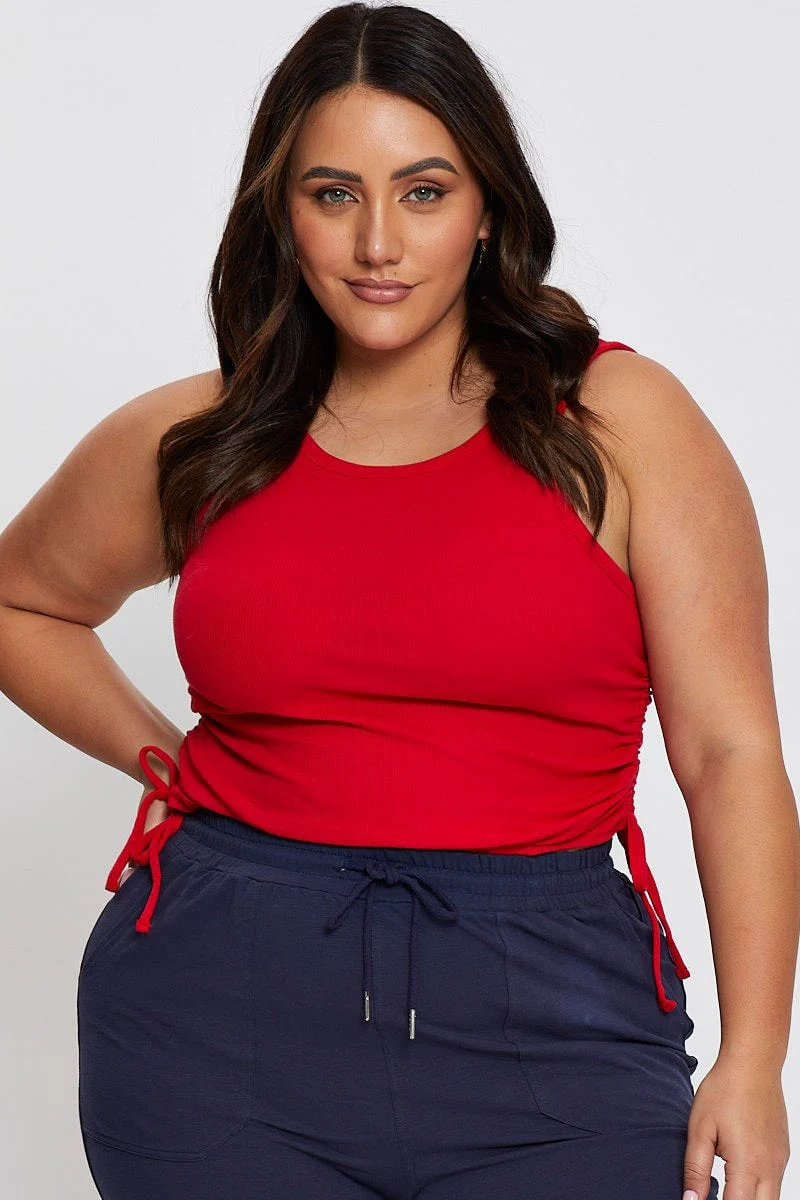 Red Tank Top Round Neck Sleeveless Jersey Drawstring - Image 6