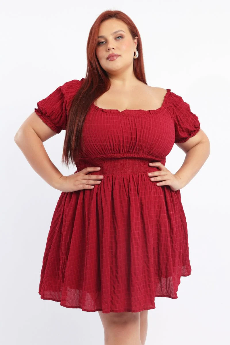 Red Textured Shirred Waist Frill Sleeve Minidress