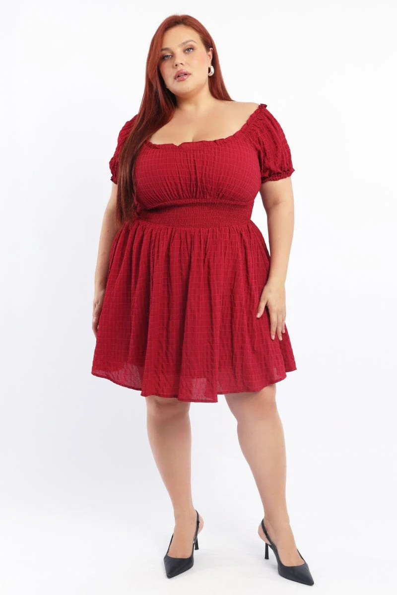 Red Textured Shirred Waist Frill Sleeve Minidress - Image 2