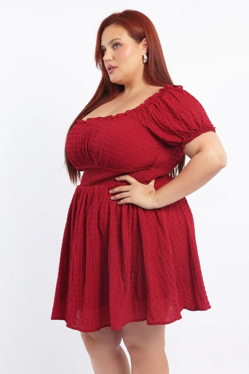 Red Textured Shirred Waist Frill Sleeve Minidress - Image 3