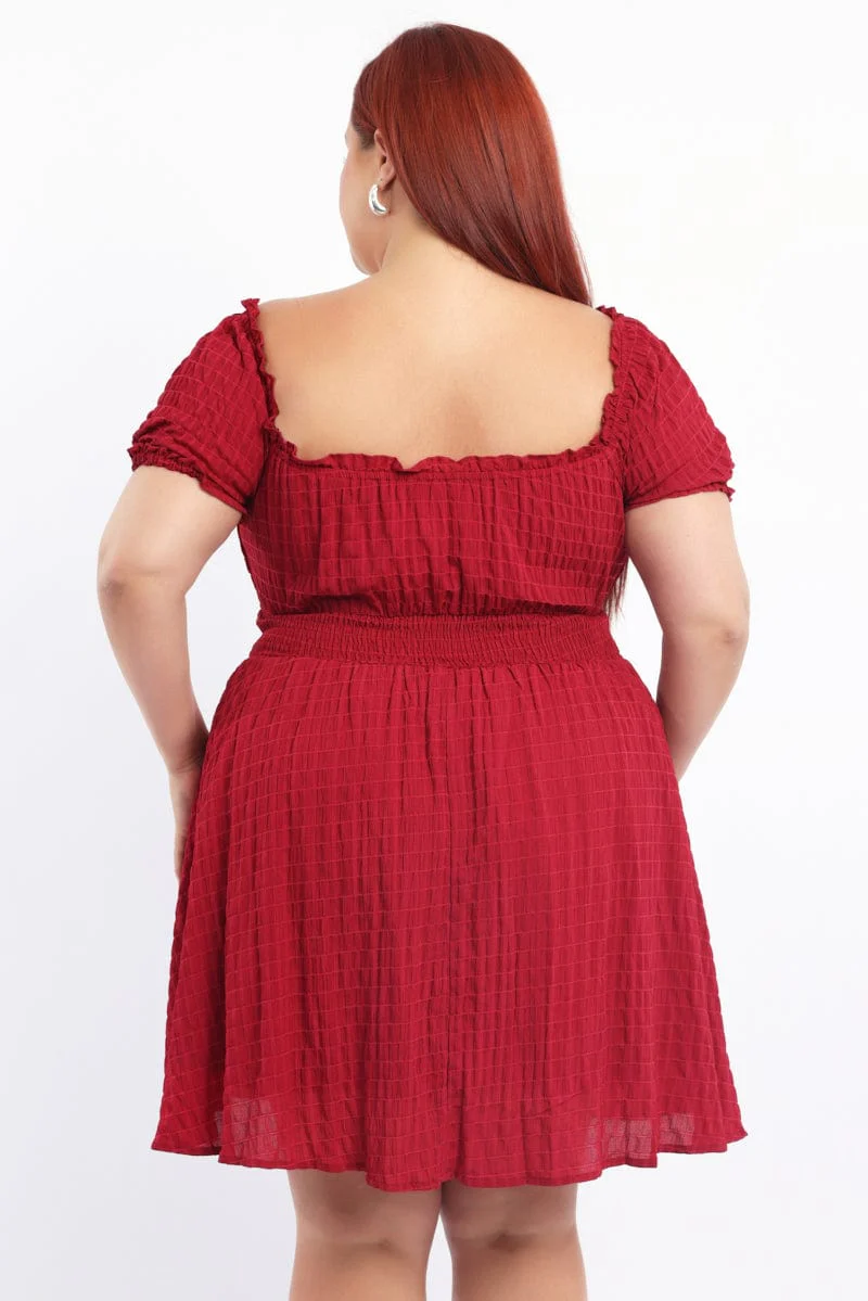 Red Textured Shirred Waist Frill Sleeve Minidress - Image 4