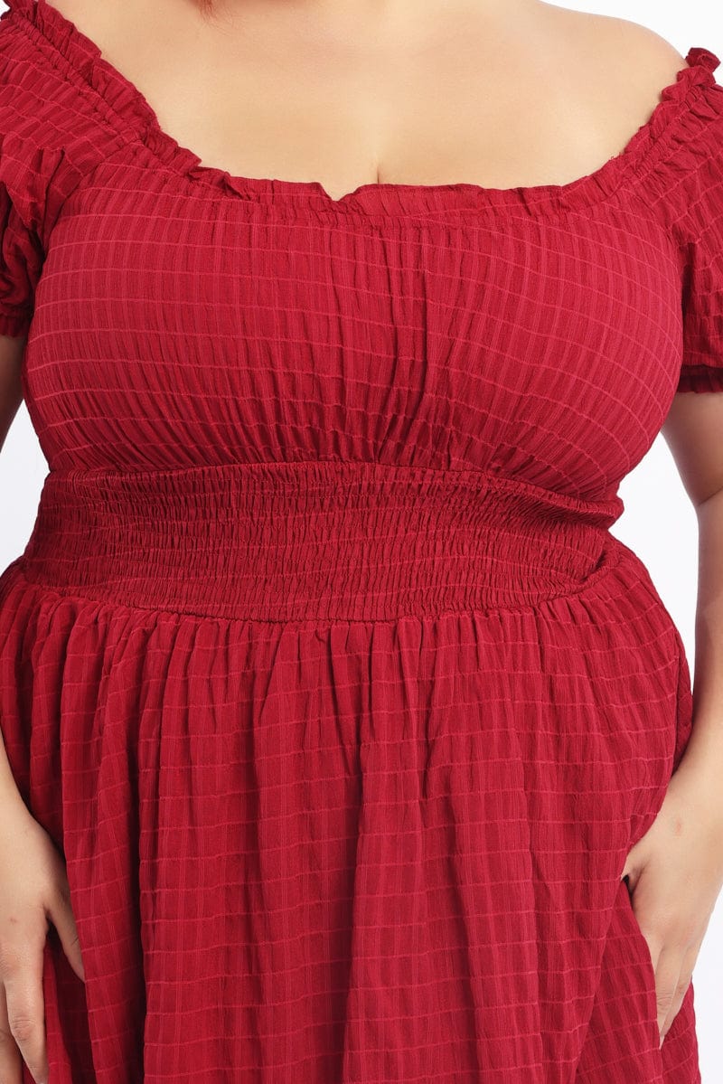 Red Textured Shirred Waist Frill Sleeve Minidress - Image 5