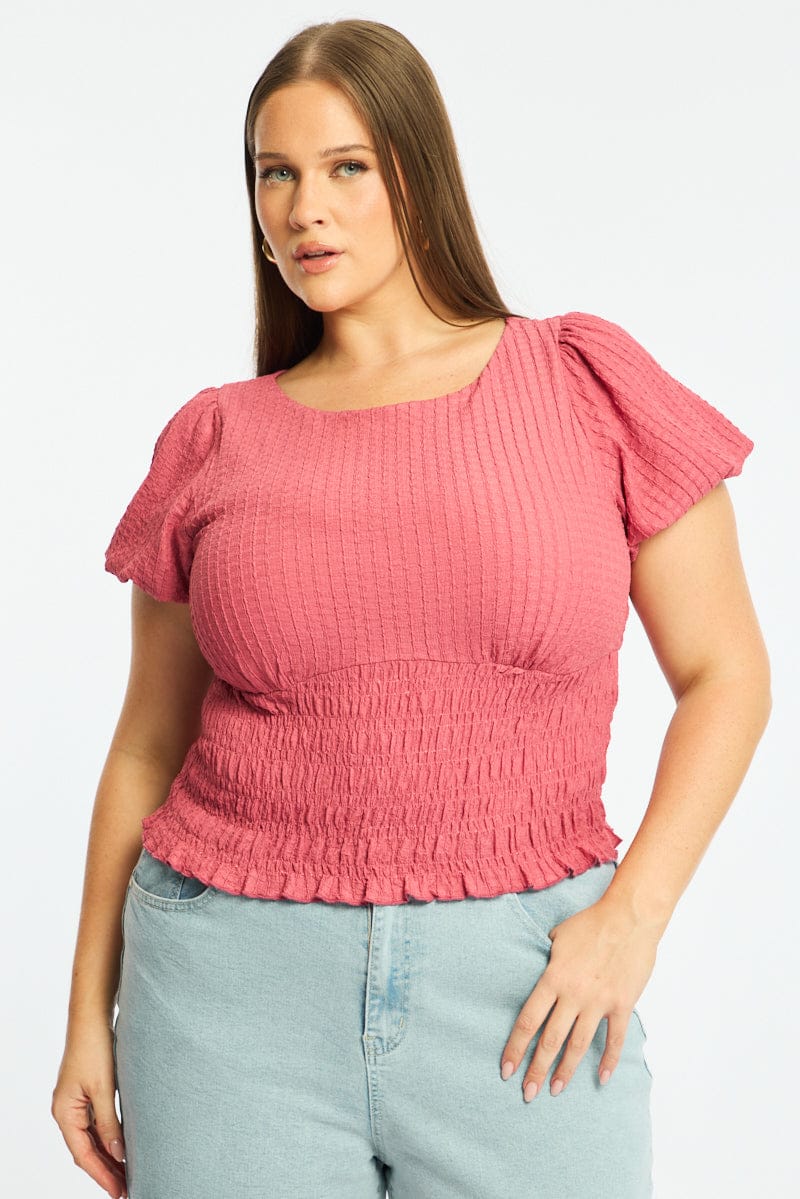 Red Textured Top Short Sleeve Shirred