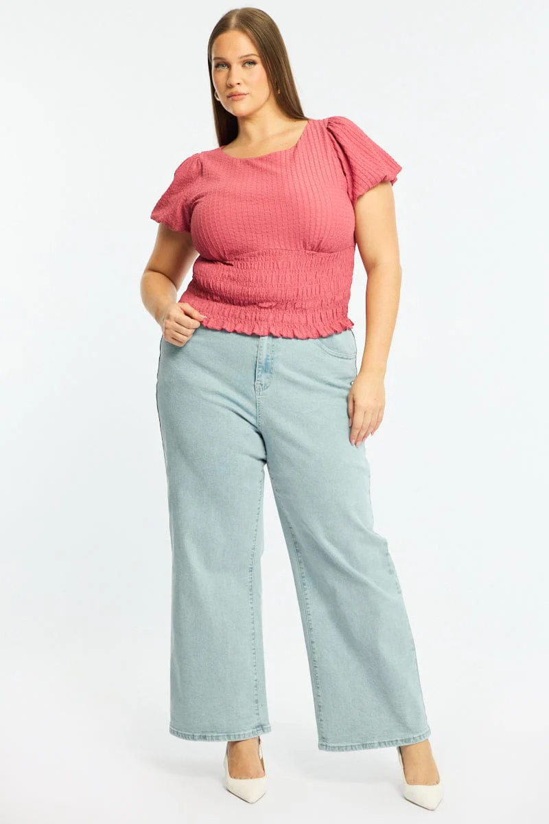 Red Textured Top Short Sleeve Shirred - Image 2