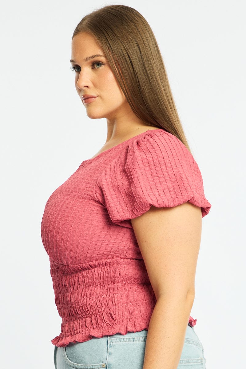 Red Textured Top Short Sleeve Shirred - Image 3