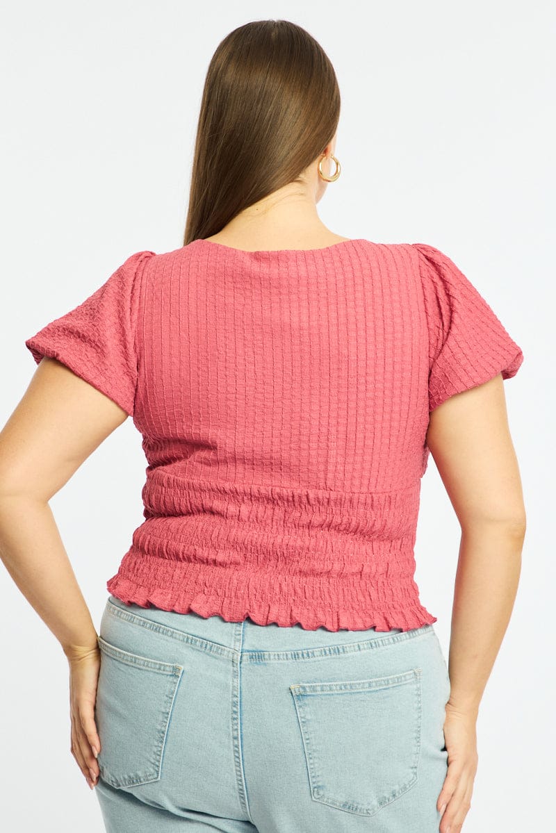 Red Textured Top Short Sleeve Shirred - Image 4