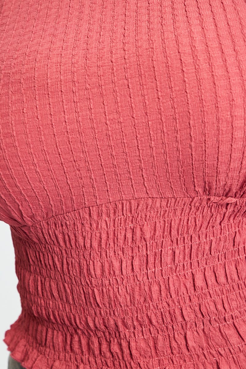 Red Textured Top Short Sleeve Shirred - Image 5