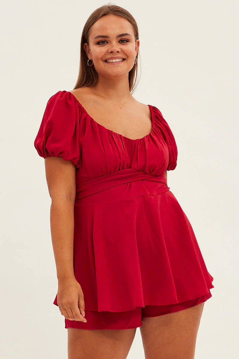 Red Tie Playsuit Short Sleeve Sweetheart Neck