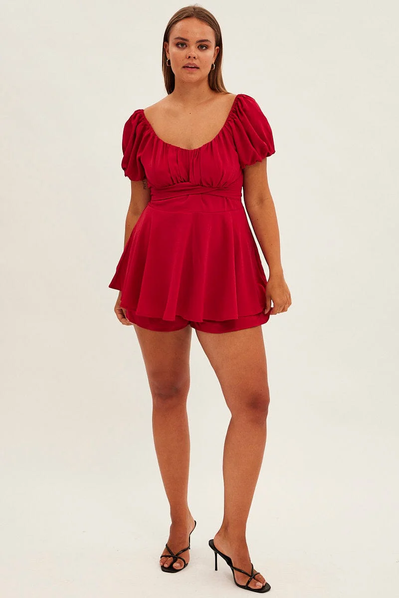 Red Tie Playsuit Short Sleeve Sweetheart Neck - Image 2