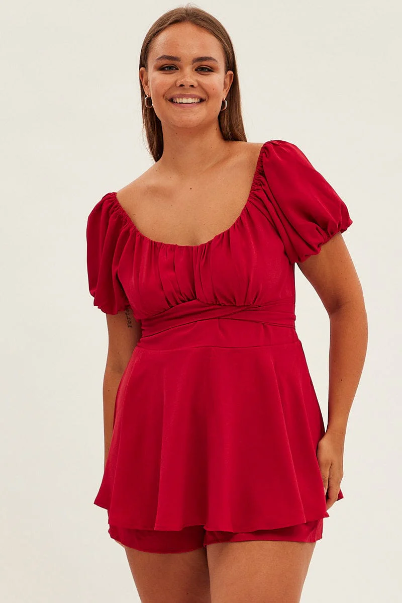 Red Tie Playsuit Short Sleeve Sweetheart Neck - Image 3
