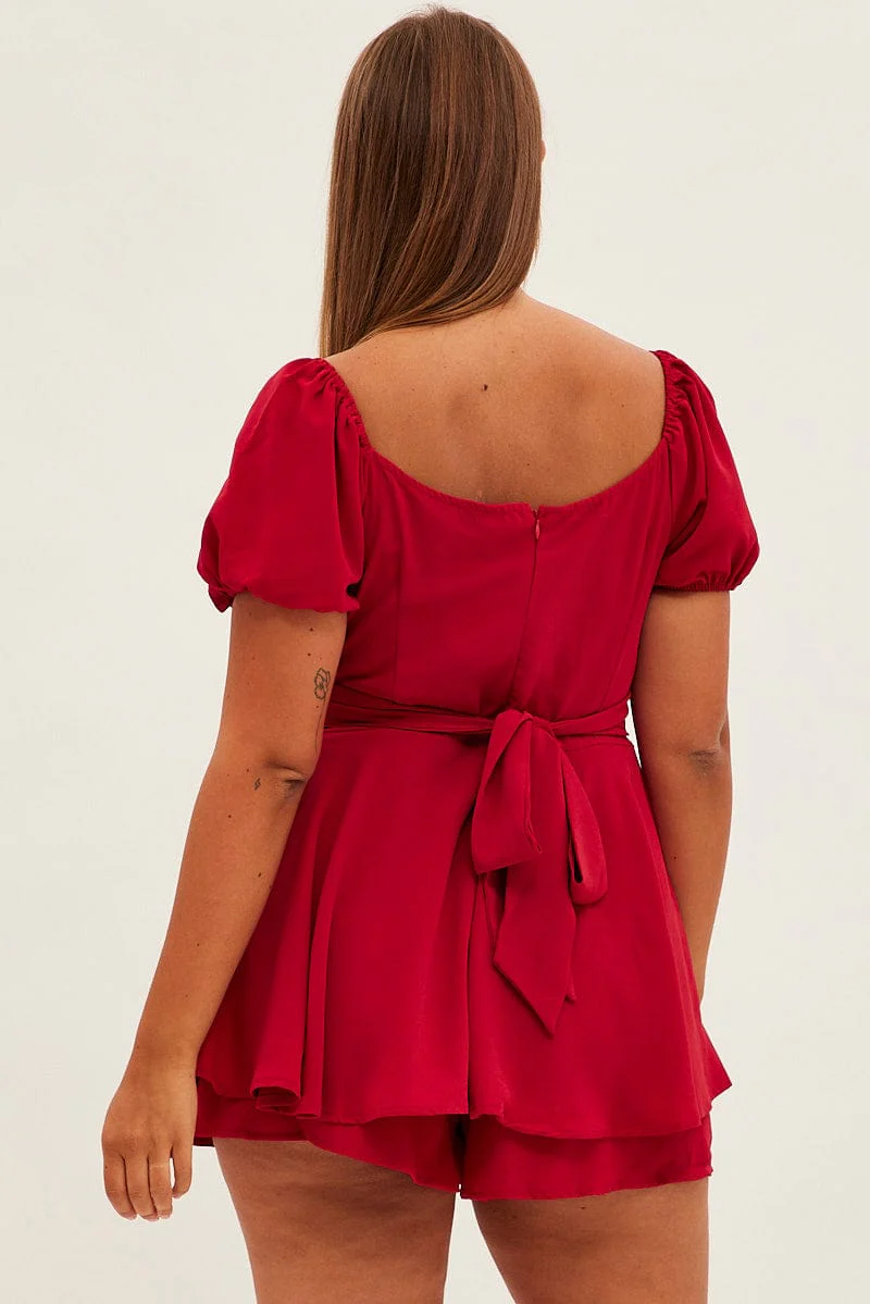 Red Tie Playsuit Short Sleeve Sweetheart Neck - Image 4