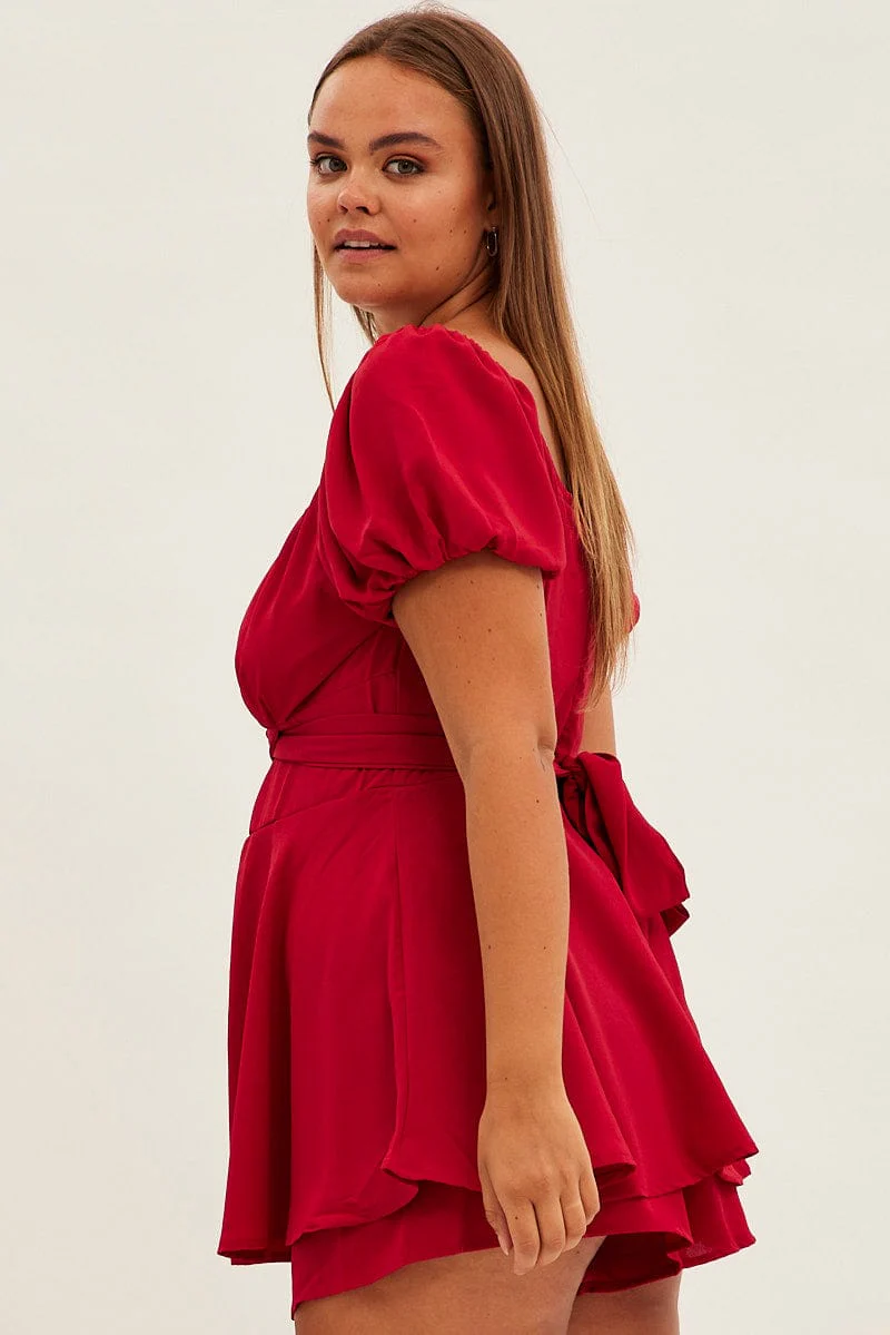 Red Tie Playsuit Short Sleeve Sweetheart Neck - Image 5