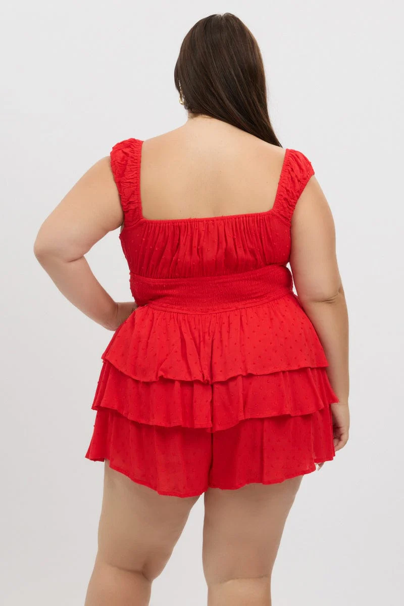 Red Tiered Playsuit Short Sleeve Ruched Bust - Image 5
