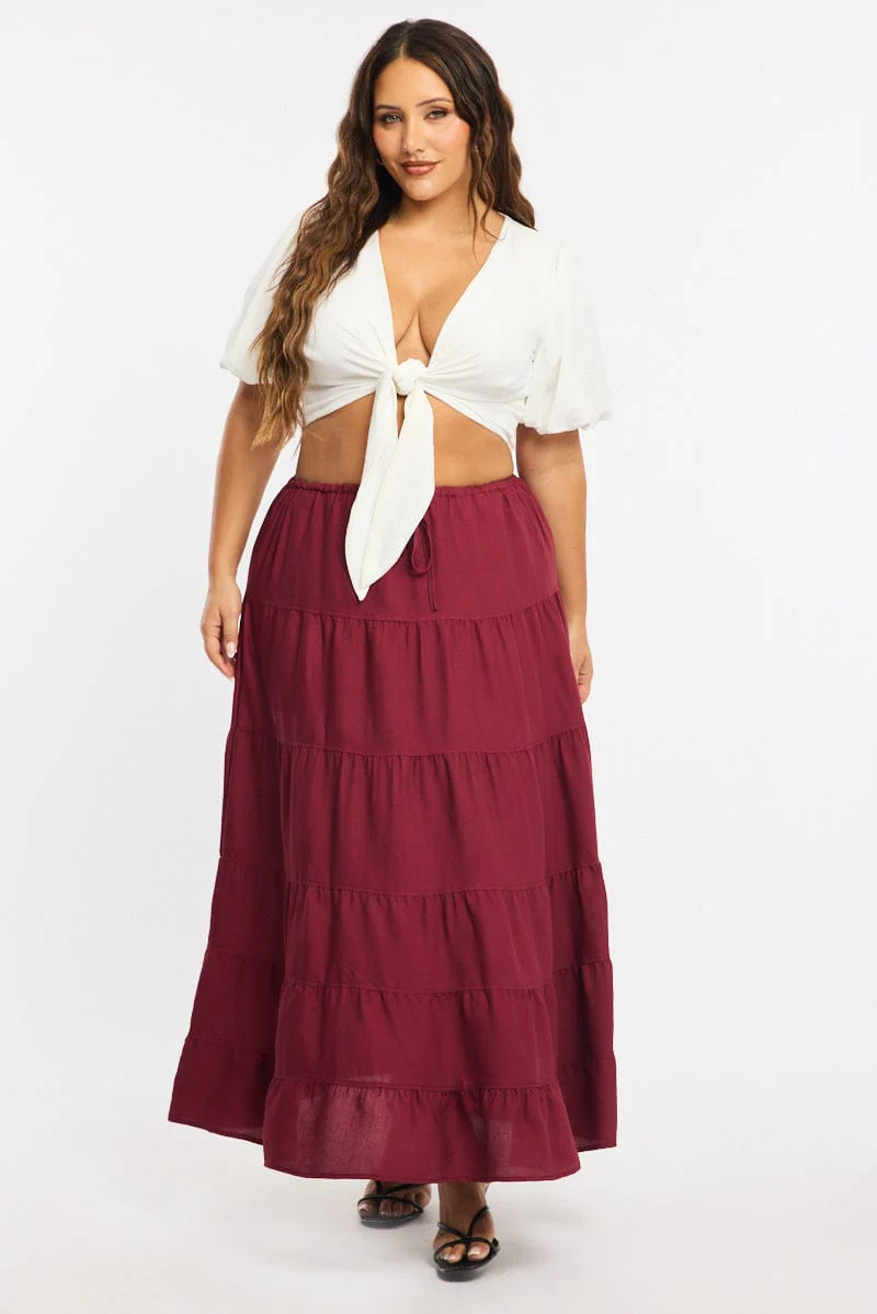Red Tiered Skirt Elasticated Waist Textured