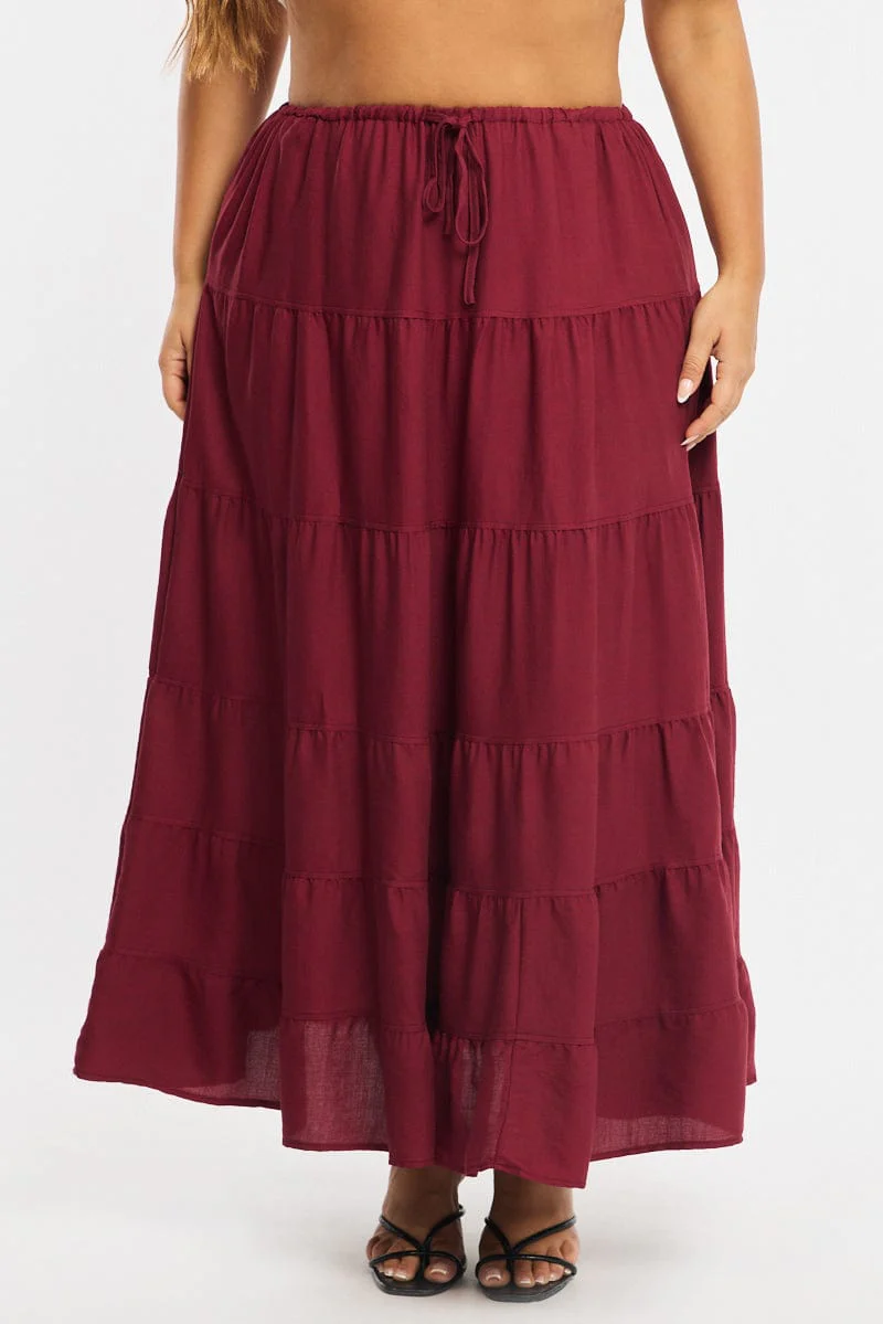 Red Tiered Skirt Elasticated Waist Textured - Image 2